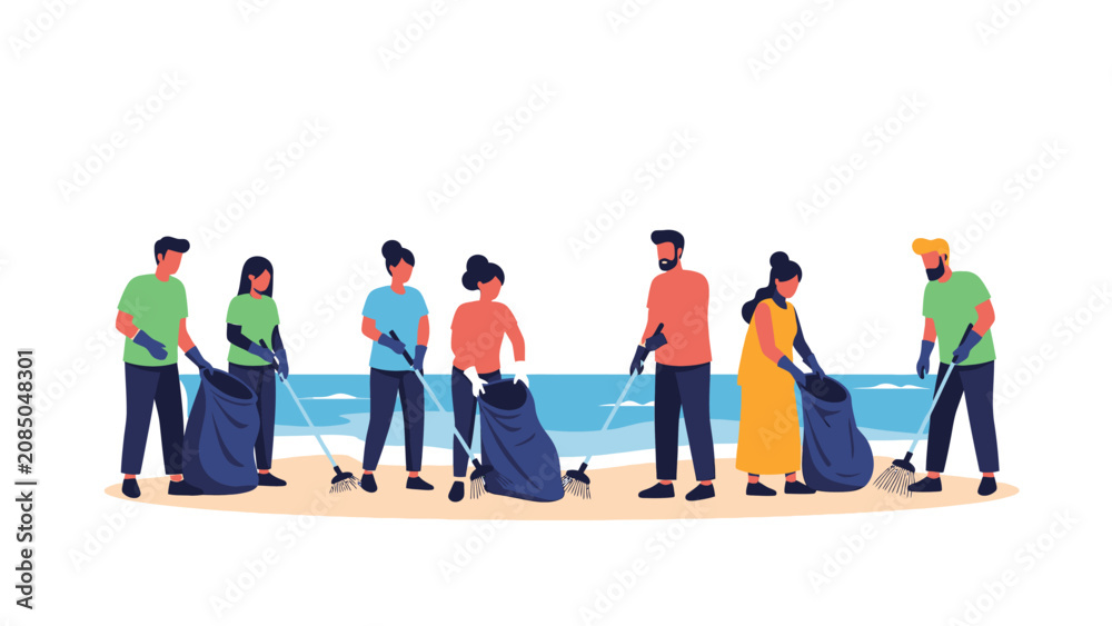 Fototapeta premium Diverse group of people cleaning up a beach, collecting trash in bags for environmental protection