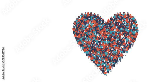 Heart shape formed by a diverse crowd of tiny people, symbolizing unity, community, love, and connection among a large population.