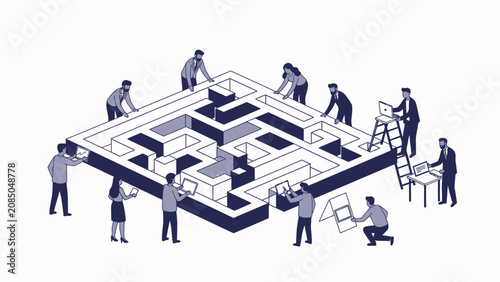 Teamwork and collaboration building a complex maze, symbolizing problem-solving and strategic planning in business