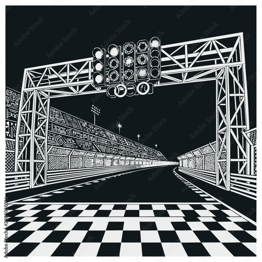 Obraz premium Professional race track illustration featuring starting lights above a checkered finish line for high speed motorsport competition at night.