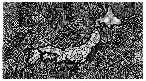Abstract Japan Map Silhouette with Traditional Japanese Pattern Elements and Modern Technology Circuit Board Details in a Minimalist Monochrome Style