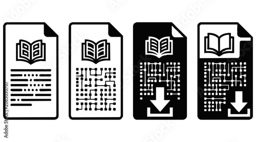 Professional flat icon set showing a digital document and book representing complex data processing with a download arrow for efficient information