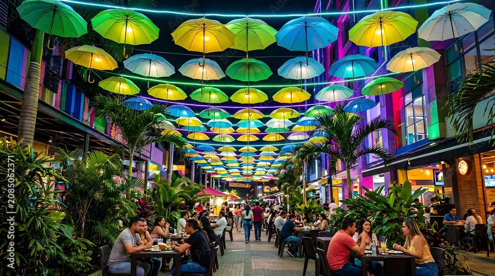 Obraz premium Nighttime Pedestrian Alley with Colorful Hanging Umbrellas and Neon Lights, Medellín, Colombia Urban Street Scene