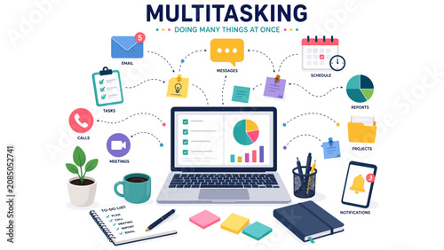 Business multitasking concept with office workspace and digital devices