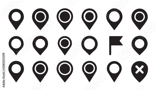 Tableau sur toile Set of black map pin icons for location tracking and navigation design element