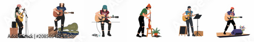 Minimalist flat illustrations of a female musician playing acoustic guitar, performing live, busking, and repairing instruments in various casual, indie-style settings.