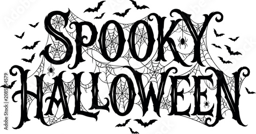 Spooky halloween day typography with spiderweb and bats vector illustration for festive designs