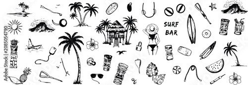 Tableau sur toile Tropical beach vacation including surfboards tiki masks palm trees and beach hut