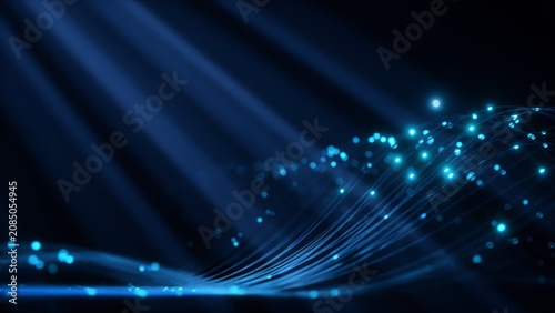 Abstract fiber optic cables with glowing blue light dots representing high speed data transmission and internet connectivity.