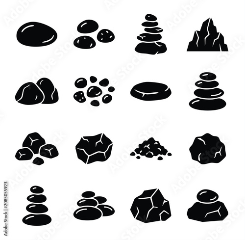Canvas Print Collection of various smooth stones and rock cairns silhouette icons with silhou