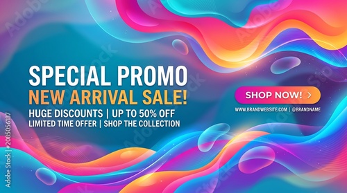 Modern abstract fluid art banner announcing a new arrival sale, featuring bright dynamic colors and significant limited-time discounts for online shopping