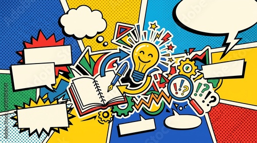 Creative Brainstorming Concept with Lightbulb and Notebook Surrounded by Empty Speech Bubbles in Retro Pop Art Style