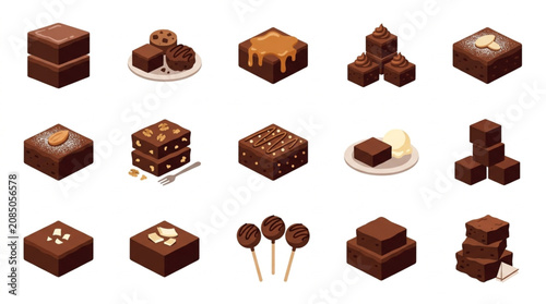 Collection of delicious chocolate brownies and sweets isolated on white background.