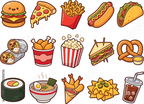 Fast Food and Street Food Cartoon Collection with Burger Pizza Sushi Ramen Nachos and Fried Chicken Vector Illustration