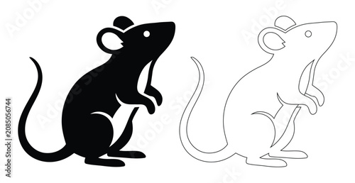 Bild auf Leinwand Little Mouse Standing on Hind Legs Silhouette and Outline Vector Set, Cute Roden