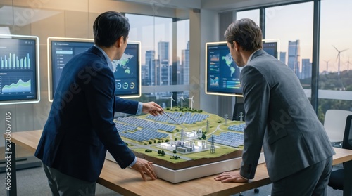 Two businessmen analyzing solar power plant model in modern office, sustainable energy concept, green technology planning, renewable resources strategy meeting