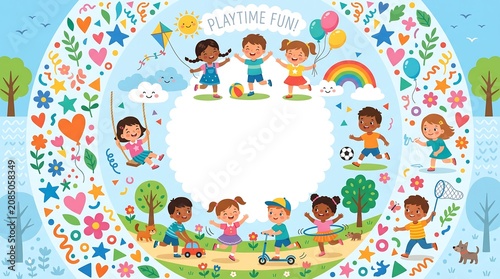 Colorful illustration of diverse kids enjoying outdoor playtime activities around a circular copy space for text