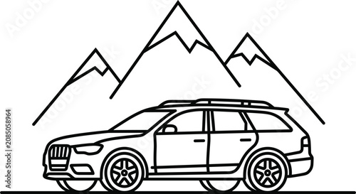 Photos Minimalist line art illustration of a modern station wagon car traveling through a scenic mountain peak landscape backdrop