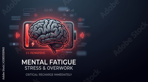 Conceptual illustration of a human brain displayed as a smartphone battery icon showing one percent remaining energy