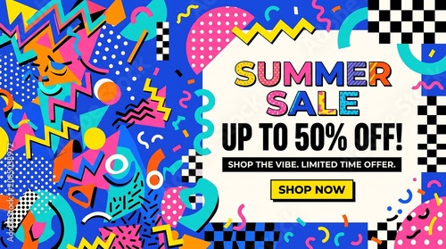 Vibrant summer sale promotion banner with abstract geometric patterns and bright colors, perfect for advertising seasonal discounts and special offers