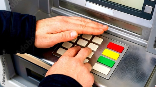 Close-up of hands covering the metallic keypad while entering a secret PIN code at an automated teller machine, showcasing secure banking practices and financial data safety.