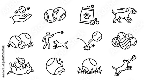 Obraz na płótnie Collection of dog playing with balls icons and illustrations.