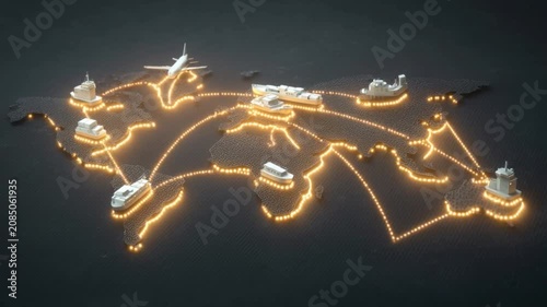 Global logistics and transport network represented by illuminated lines connecting various cargo ship, airplane, and delivery vehicle icons on a textured world map background