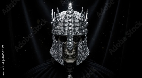 Diamond encrusted skull wearing a medieval knight helmet, dark fantasy warrior concept, symbol for luxury death and power for gothic art and high-end fashion branding