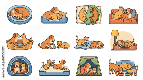 Cuadro en lienzo Collection of cute cartoon dogs and cats sleeping and playing together