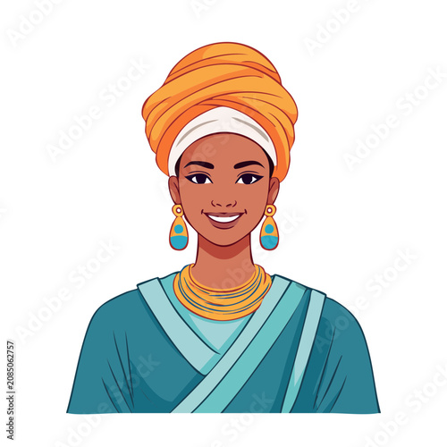 Woman in traditional headscarf and jewelry illustration