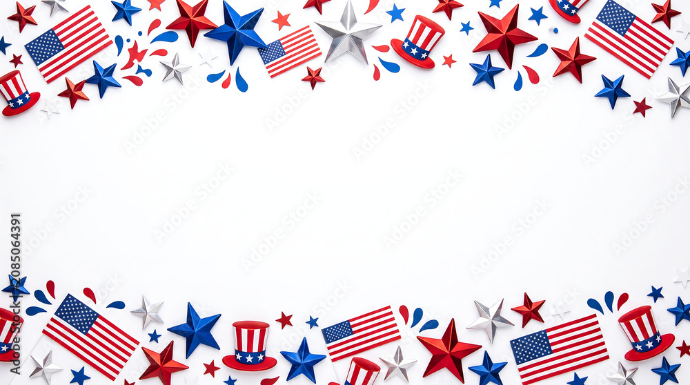 Fototapeta premium Patriotic border with american flags and stars on white background for independence day
