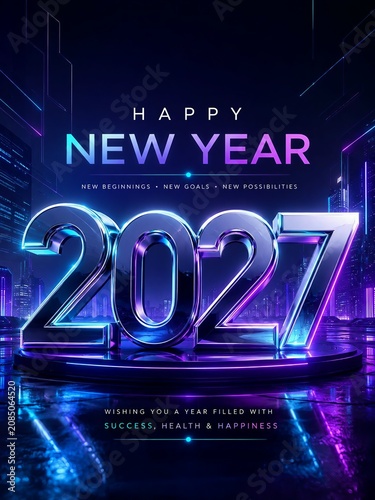 Happy New Year 2027 Neon Greeting Card with Glowing 3D Typography and Cyberpunk City Background