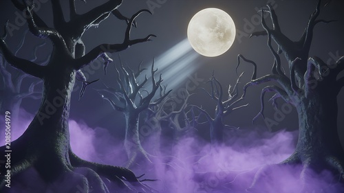 Spooky landscape with bare trees and purple fog under full moonlight at nighttime
