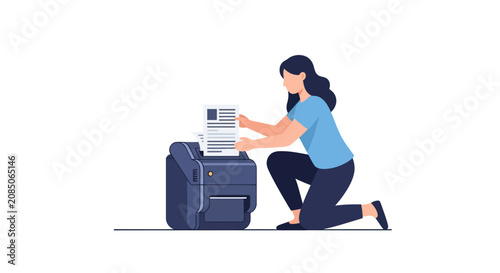 Office worker woman using a multifunctional printer machine.