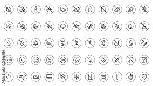 Vector set of dietary restriction icons including gluten free dairy free sugar free vegan and allergen warning symbols for food packaging labels