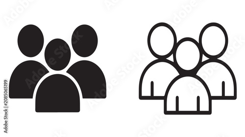 Group of people icons set featuring solid and outline styles for user profiles, team collaboration, and social community symbols