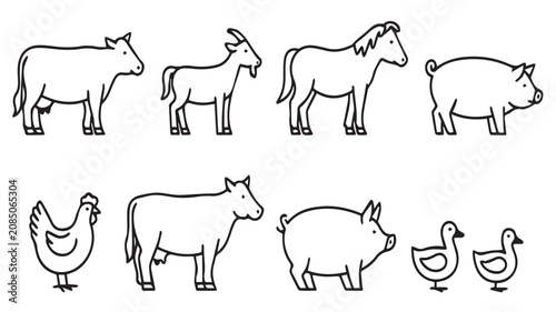 Simple Line Art Illustration of Farm Animals Collection Including Cow Pig Horse Goat and Poultry