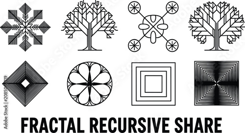 Bild auf Leinwand Geometric black fractal recursive shapes line art tree snowflake icons vector se