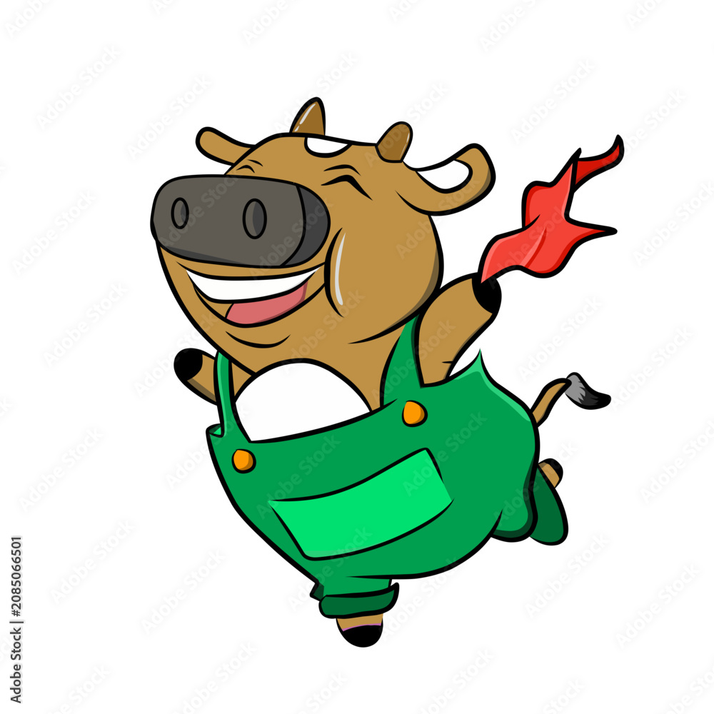 Fototapeta premium Cute cow cartoon mascot wearing green overalls with a red scarf.