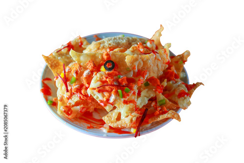 Crispy Loaded Nachos with Cheese Sauce and Chili Topping on White Background