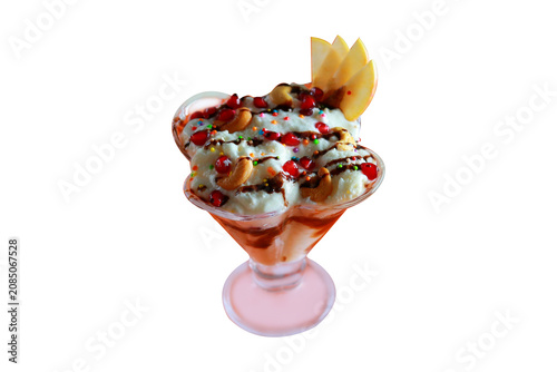 Gourmet Ice Cream Sundae with Nuts Chocolate Syrup and Fruits