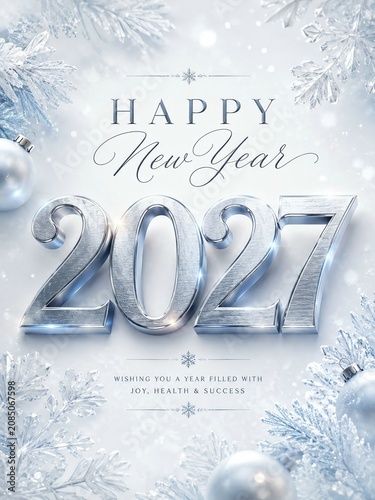 Happy New Year 2027 Luxury Silver Typography Greeting Card with Snowflakes and Winter Holiday Background