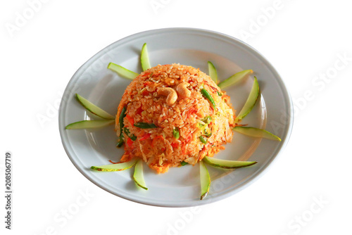 Delicious Thai Fried Rice Served on White Plate with Cashew Nuts and Cucumber Slices Isolated on White Background