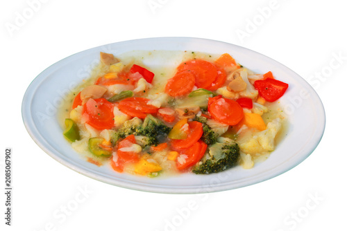 Healthy Stir Fried Vegetables with Broccoli Carrots and Mushrooms in Gravy Sauce Isolated on White Background