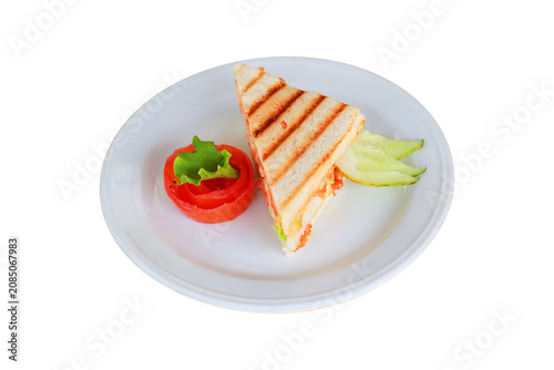 Grilled Triangle Sandwich on White Plate Decorated with Tomato Rose and Cucumber Slices Isolated on White Background