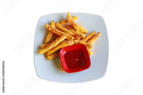 Crispy French Fries with Tomato Ketchup Sauce on a White Plate