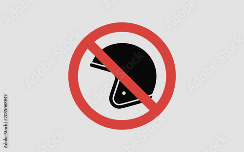 A sign displays a motorcycle helmet with a red prohibition symbol on a plain background.