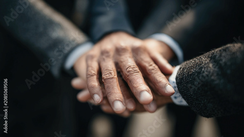 Business people joining hands in collaboration symbolizing teamwork motivation shared success corporate achievement leadership strategy productivity and building strong professional relationships