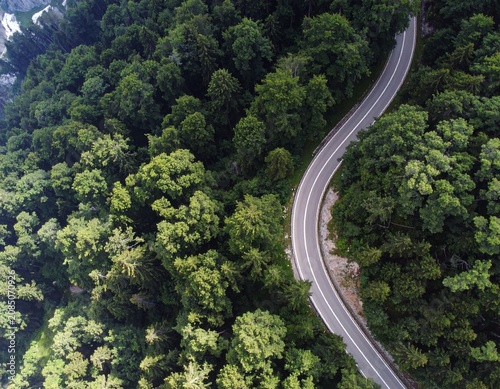 Drone view of a curved mountain road surrounded by lush forest, ideal for clean energy, EV, and green transportation concepts.