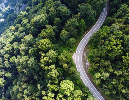 Drone view of a curved mountain road surrounded by lush forest, ideal for clean energy, EV, and green transportation concepts.